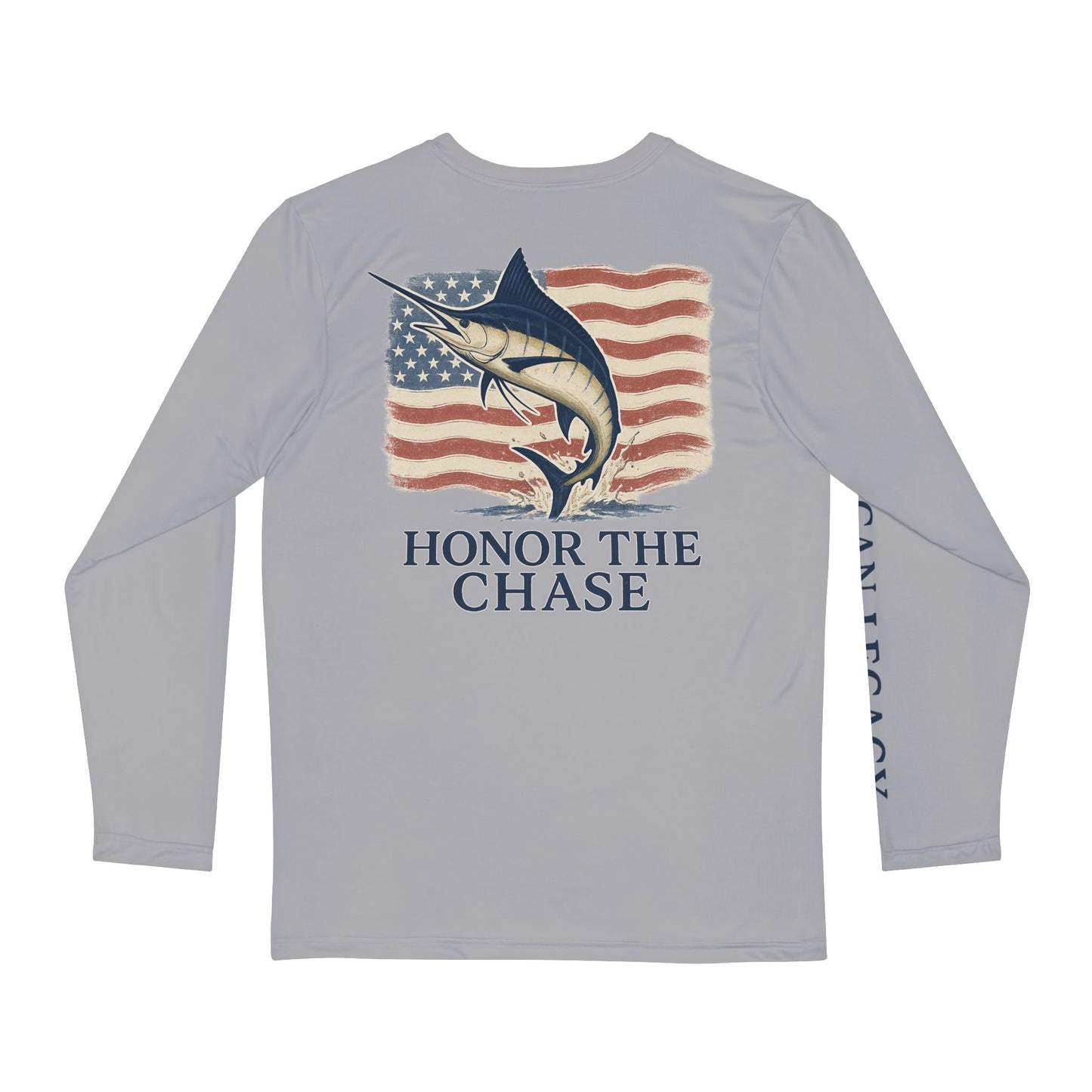 Honor the Chase Marlin Patriotic Long Sleeve Shirt USA Fishing Tee American Legacy Performance Shirt UV Protection