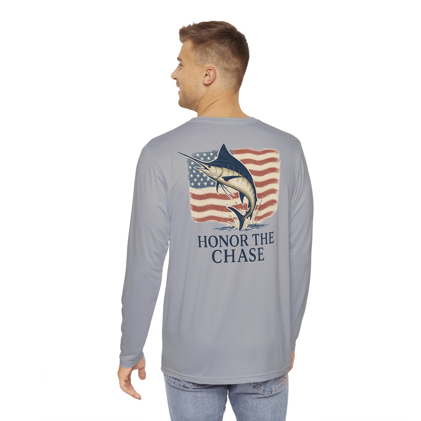 Honor the Chase Marlin Patriotic Long Sleeve Shirt USA Fishing Tee American Legacy Performance Shirt UV Protection