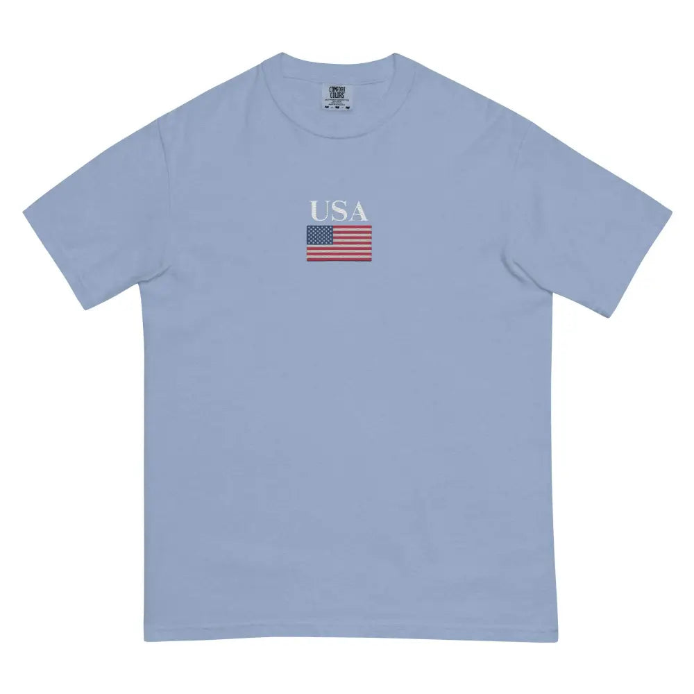 Light blue America Comfort Colors Memorial Day Tee with USA flag embroidery