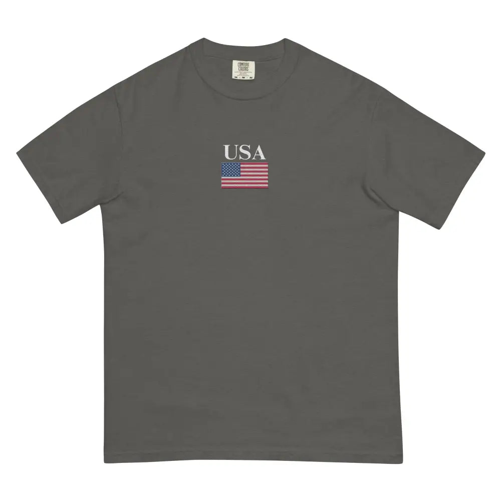 Dark gray America Comfort Colors memorial day tee with USA text and embroidered flag