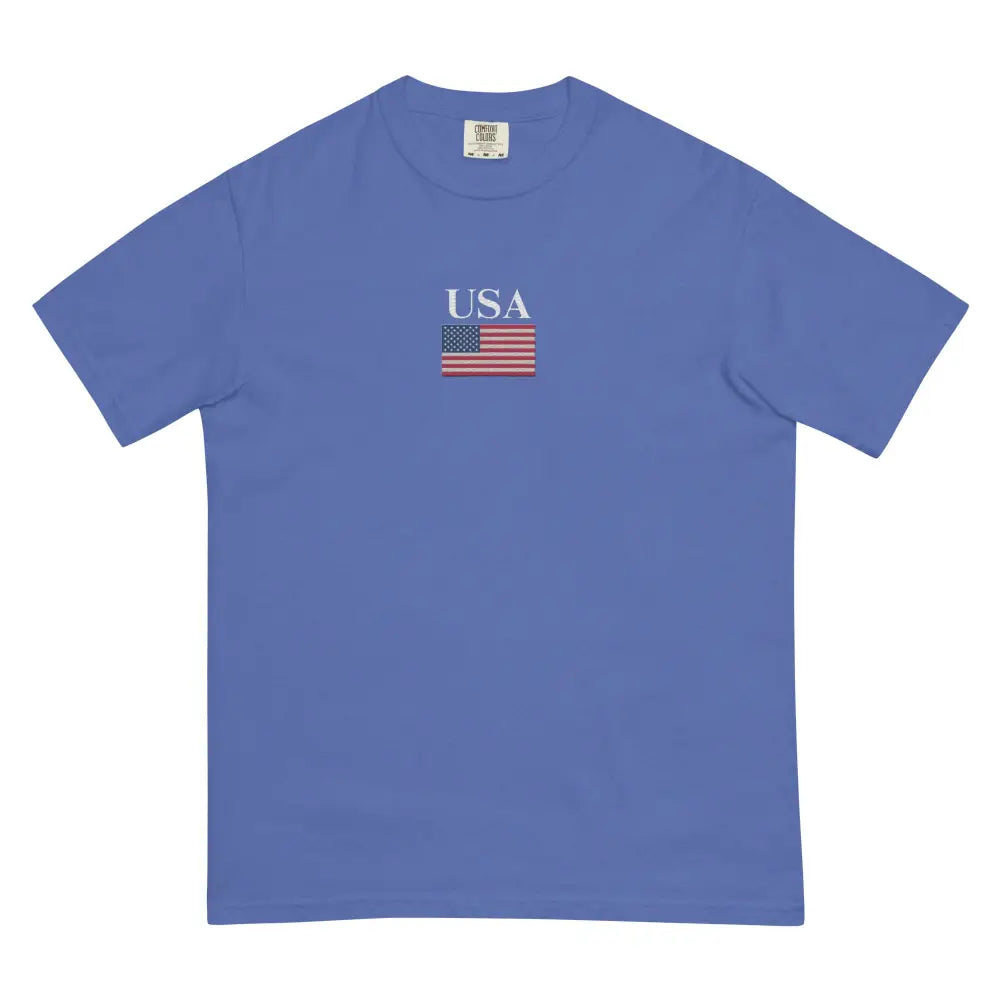 Periwinkle America Comfort Colors Memorial Day Tee with embroidered USA flag