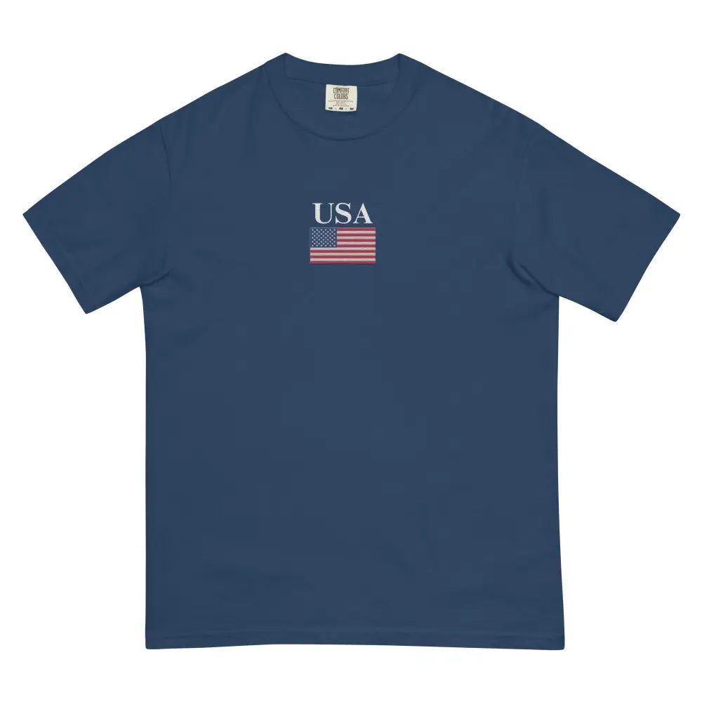 Dark blue America Comfort Colors Memorial Day Tee with embroidered USA flag