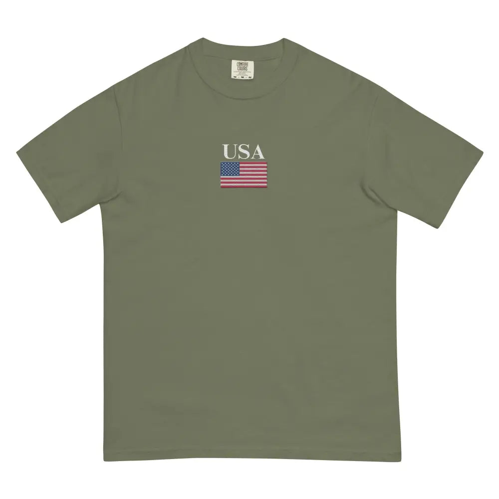 Olive green America Comfort Colors memorial day tee with embroidered US flag and USA text