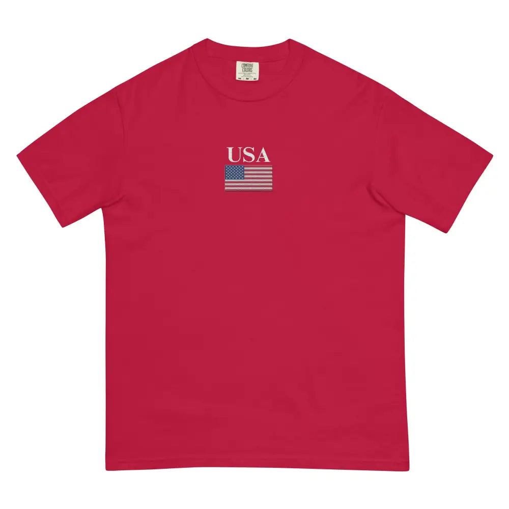Red short-sleeved America Comfort Colors memorial day tee with USA flag graphic