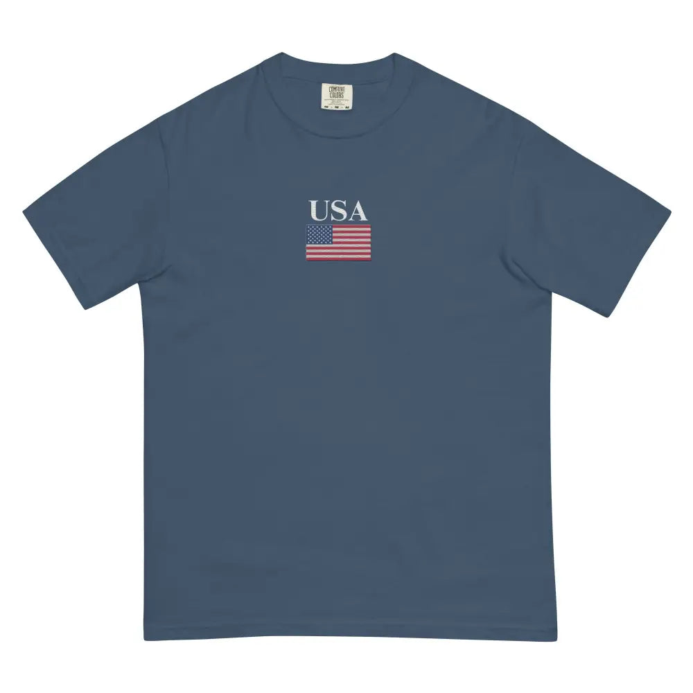 Blue short-sleeved America Comfort Colors memorial day tee with USA flag embroidery