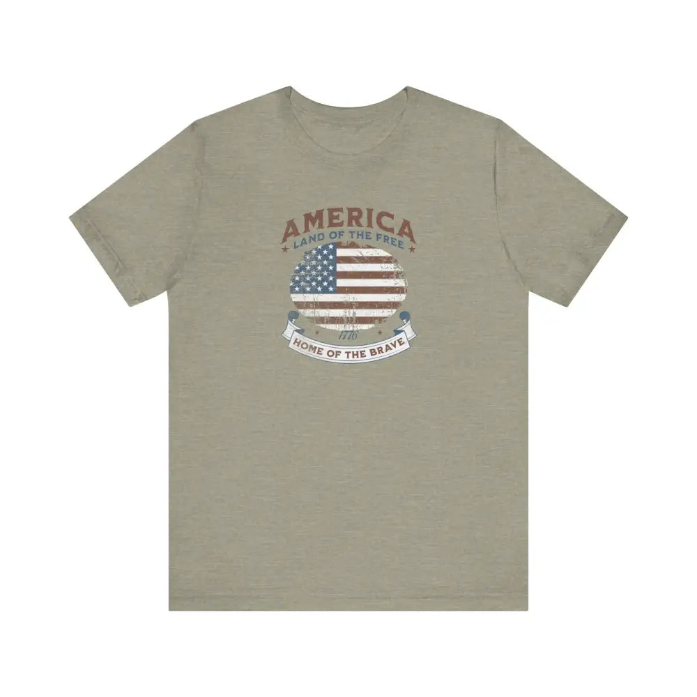 Olive green vintage t-shirt with distressed American flag graphic and Trini Skies design