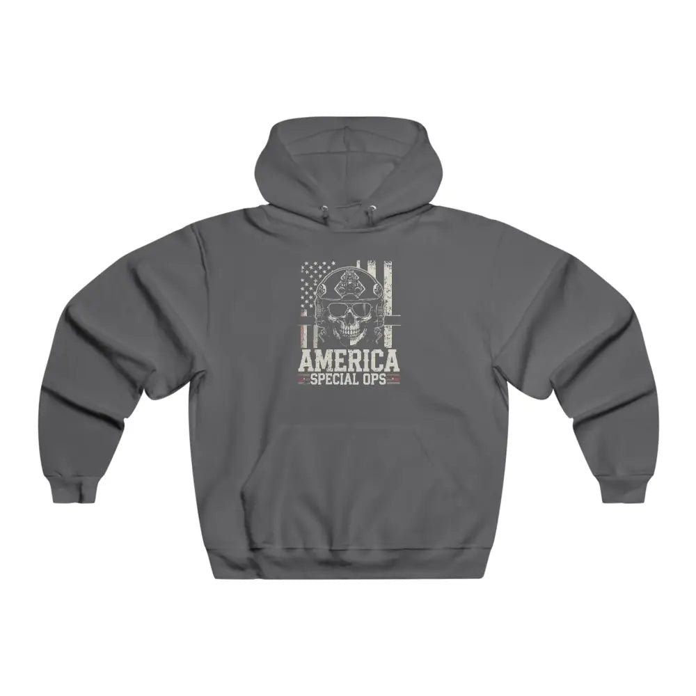 Dark gray operations patriotic hoodie with distressed American flag and skull graphic