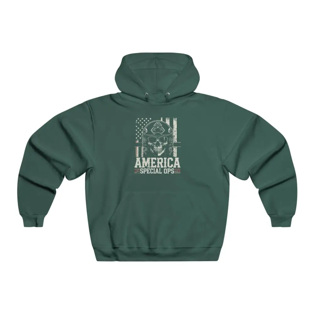 Dark green America Special Operations Patriotic Hoodie with skull and distressed flag graphic