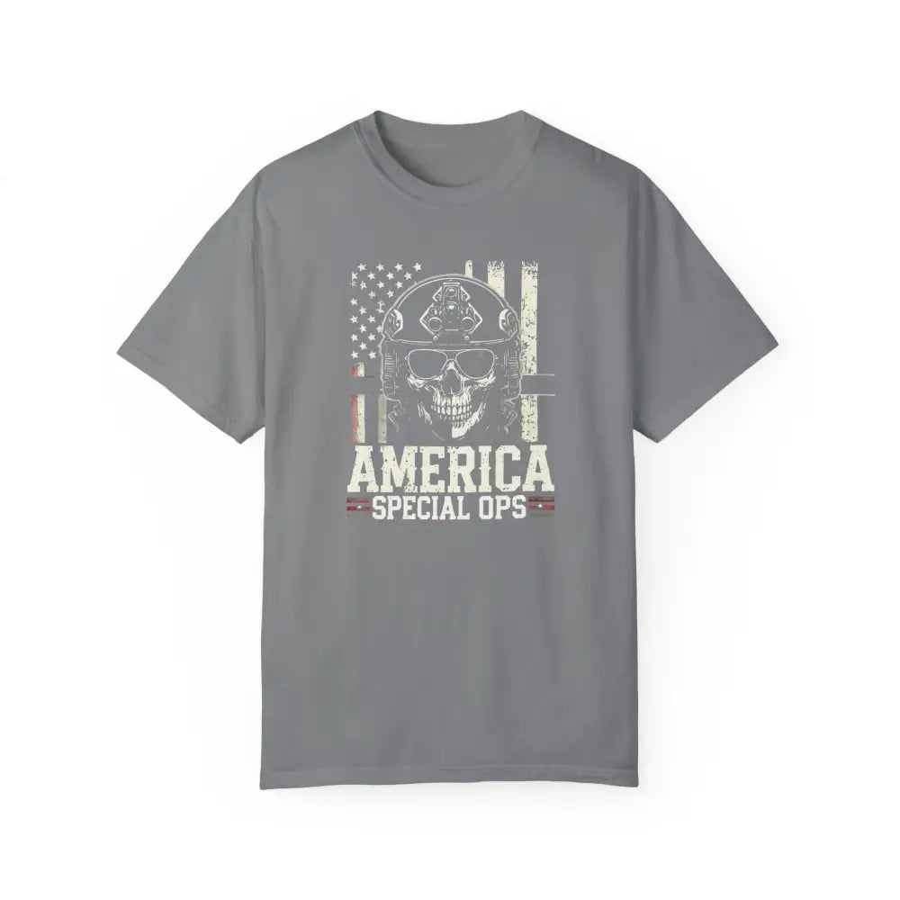 Gray unisex garment-dyed T-shirt with distressed American flag and skull graphic