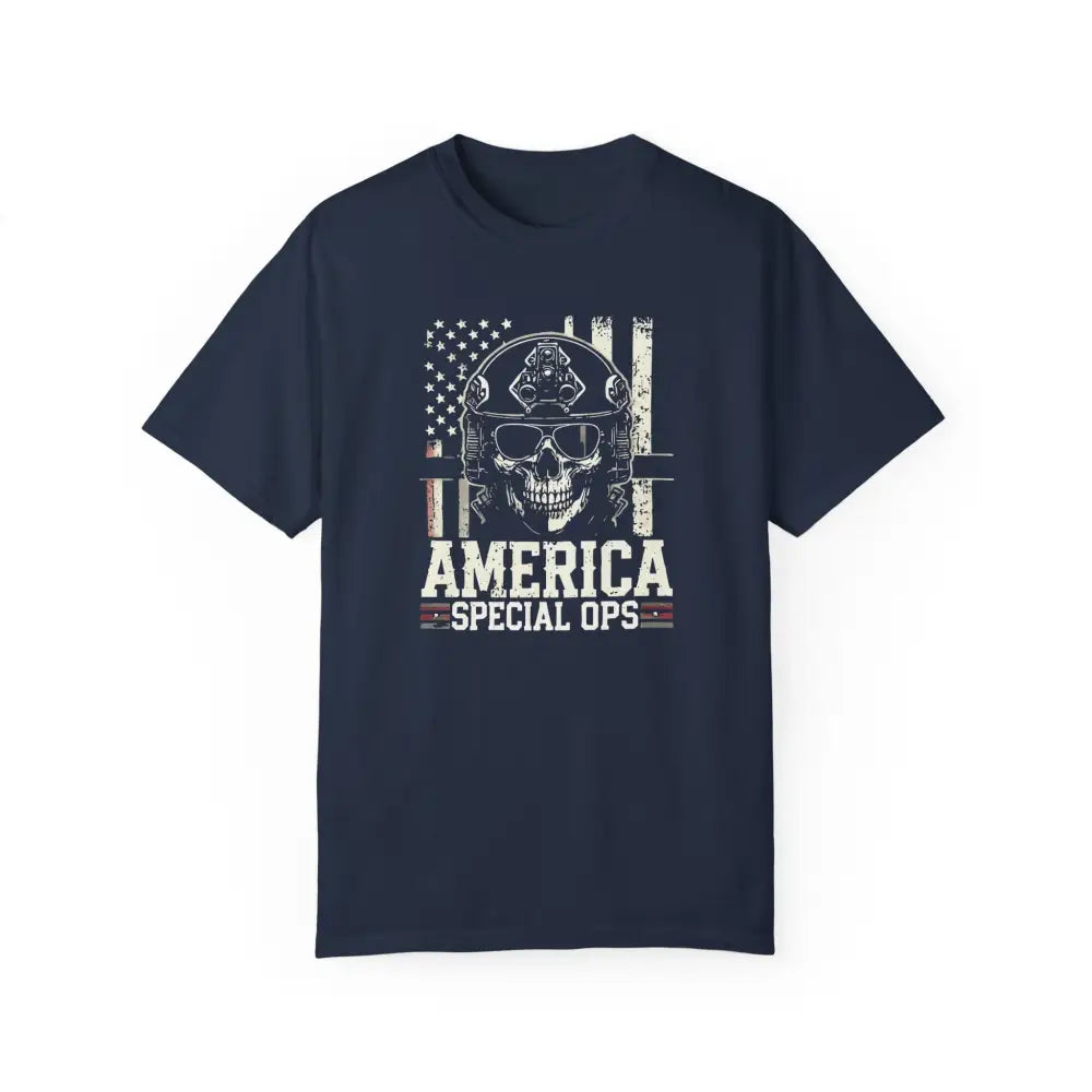 Navy blue America Special Ops vintage military tee with distressed American flag and skull graphic