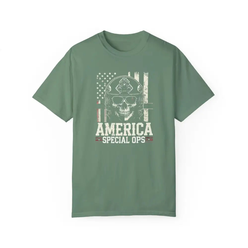 Unisex garment-dyed vintage military tee with skull tactical helmet graphic and American flag
