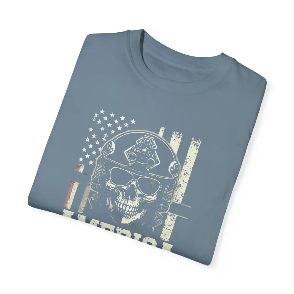 Folded slate blue America Special Ops vintage military tee with skull graphic and American flag