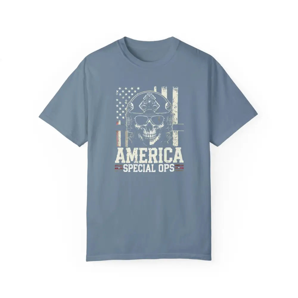Light blue America Special Ops vintage military tee with distressed American flag and skull graphic