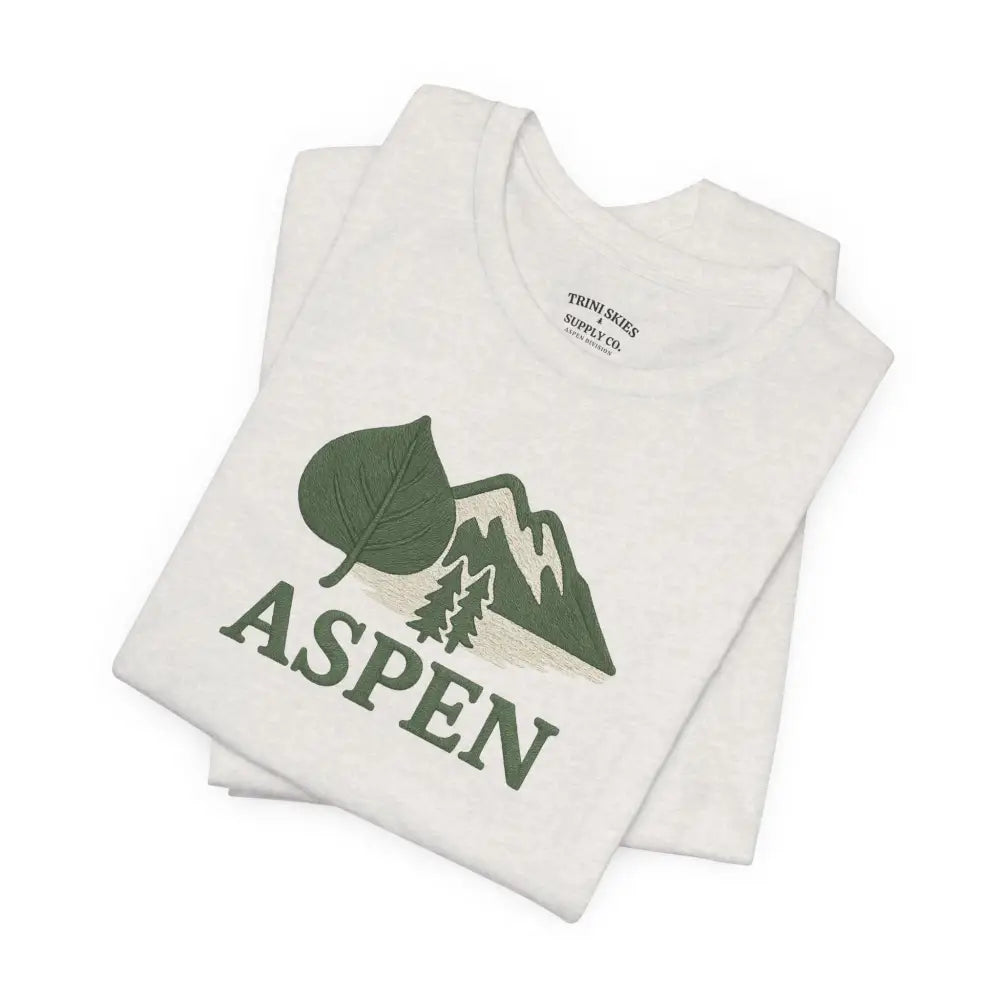 White short-sleeve Aspen Mountain Tee with green Aspen design, perfect for outdoor adventure