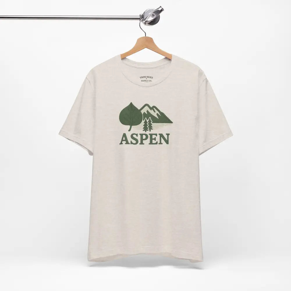 Cream-colored Aspen Mountain Tee with green mountain and leaf graphic for outdoor style