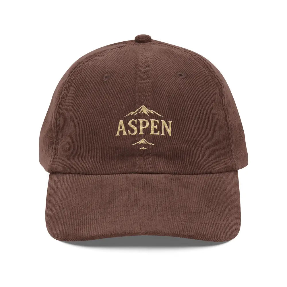 Brown embroidered corduroy hat with Aspen and snow-capped peaks stitched design