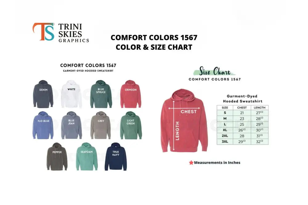 Color and size chart for Aspen Sunset Hoodie in Trini Skies, embroidered corduroy cap style