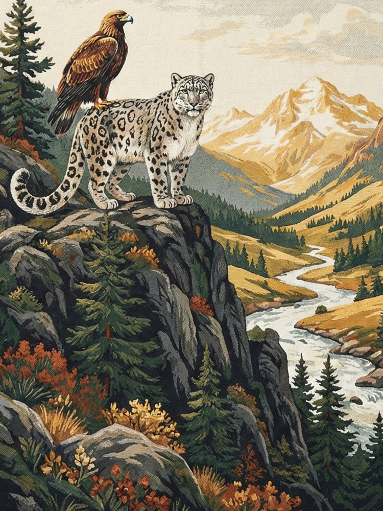 Snow Leopard & Golden Eagle Woven Cotton Blanket – Alpine Wildlife Throw Nature Lover Gifts