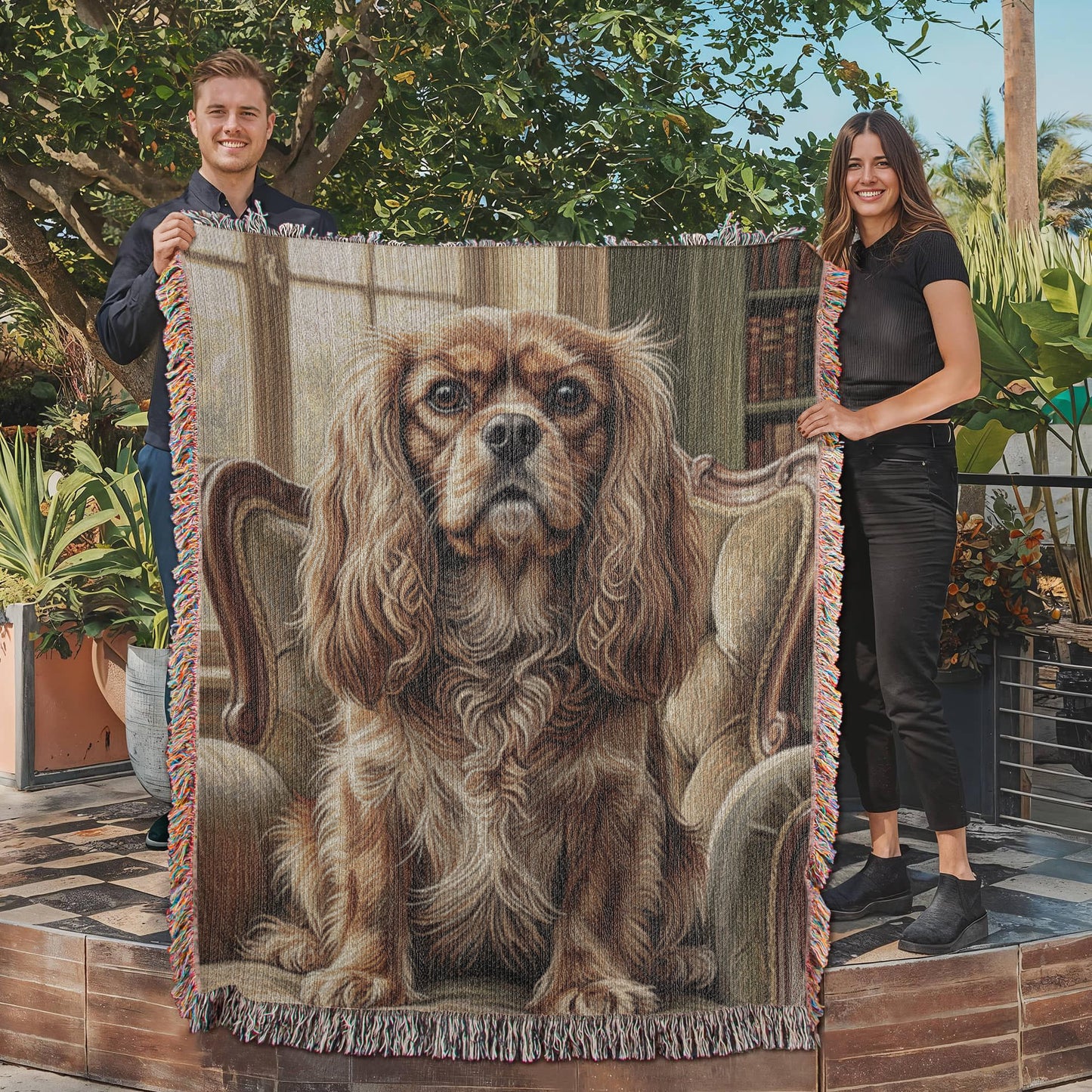 Cavalier in the Old Library – Woven Cotton Heritage Blanket Pet Lover Gifts