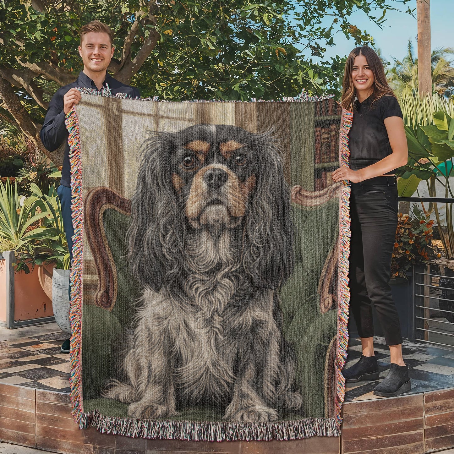 Cavalier in the Green Library Chair – Woven Cotton Heritage Blanket Pet Lovers Gift