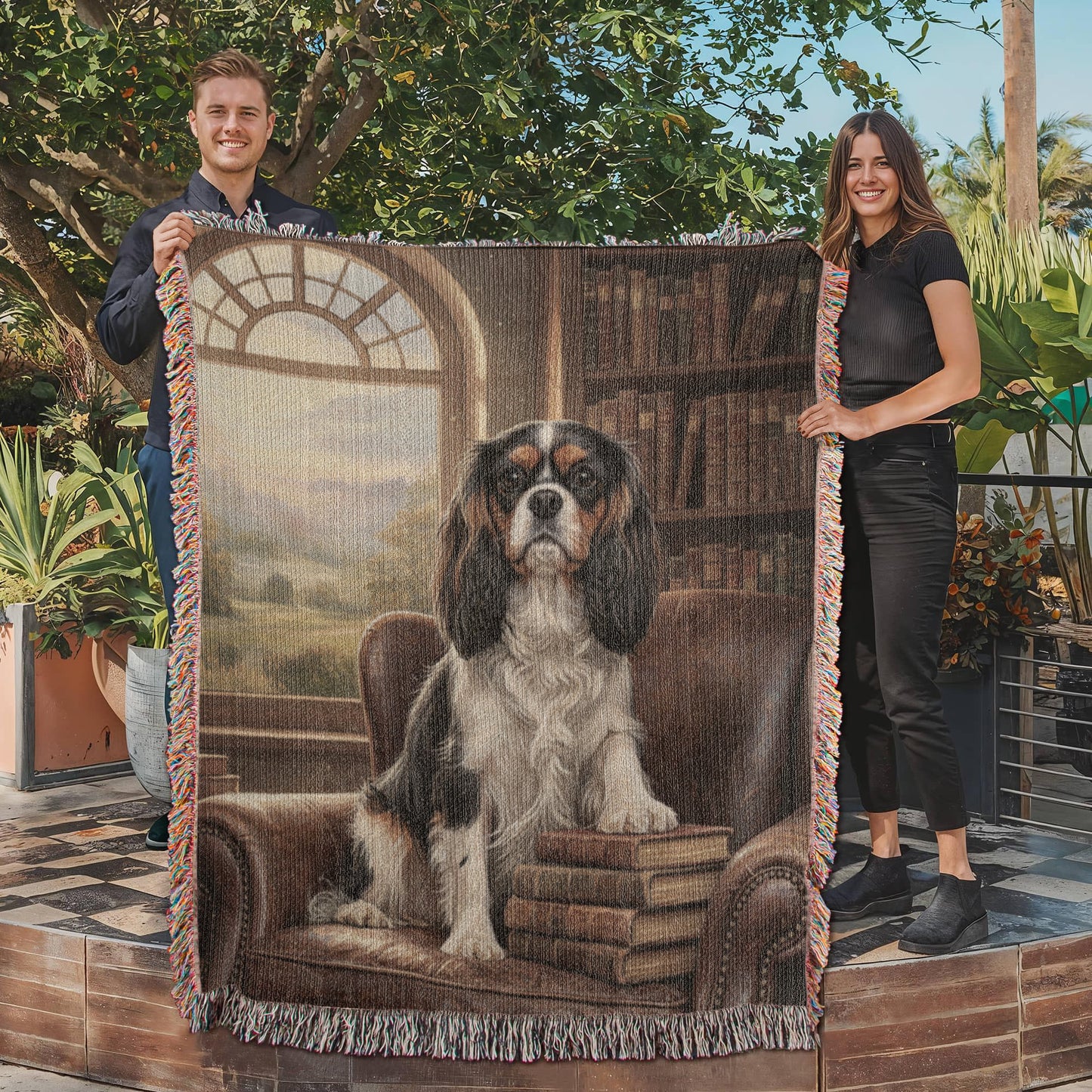 Cavalier in the Green Library Chair – Woven Cotton Heritage Blanket Pet Lovers Gift