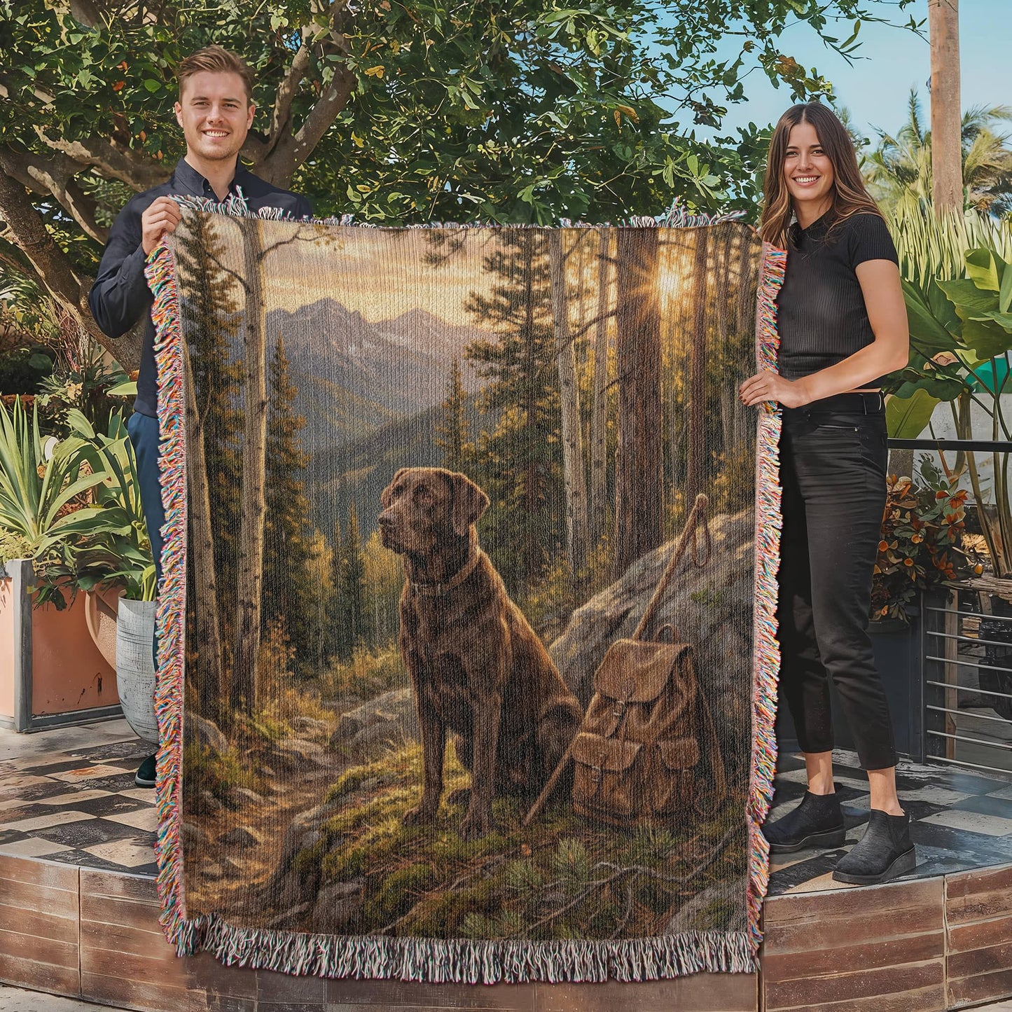 Chocolate Lab on Mountain Trail – Labrador Retriever Woven Cotton Adventure Blanket Pet Lovers Gift