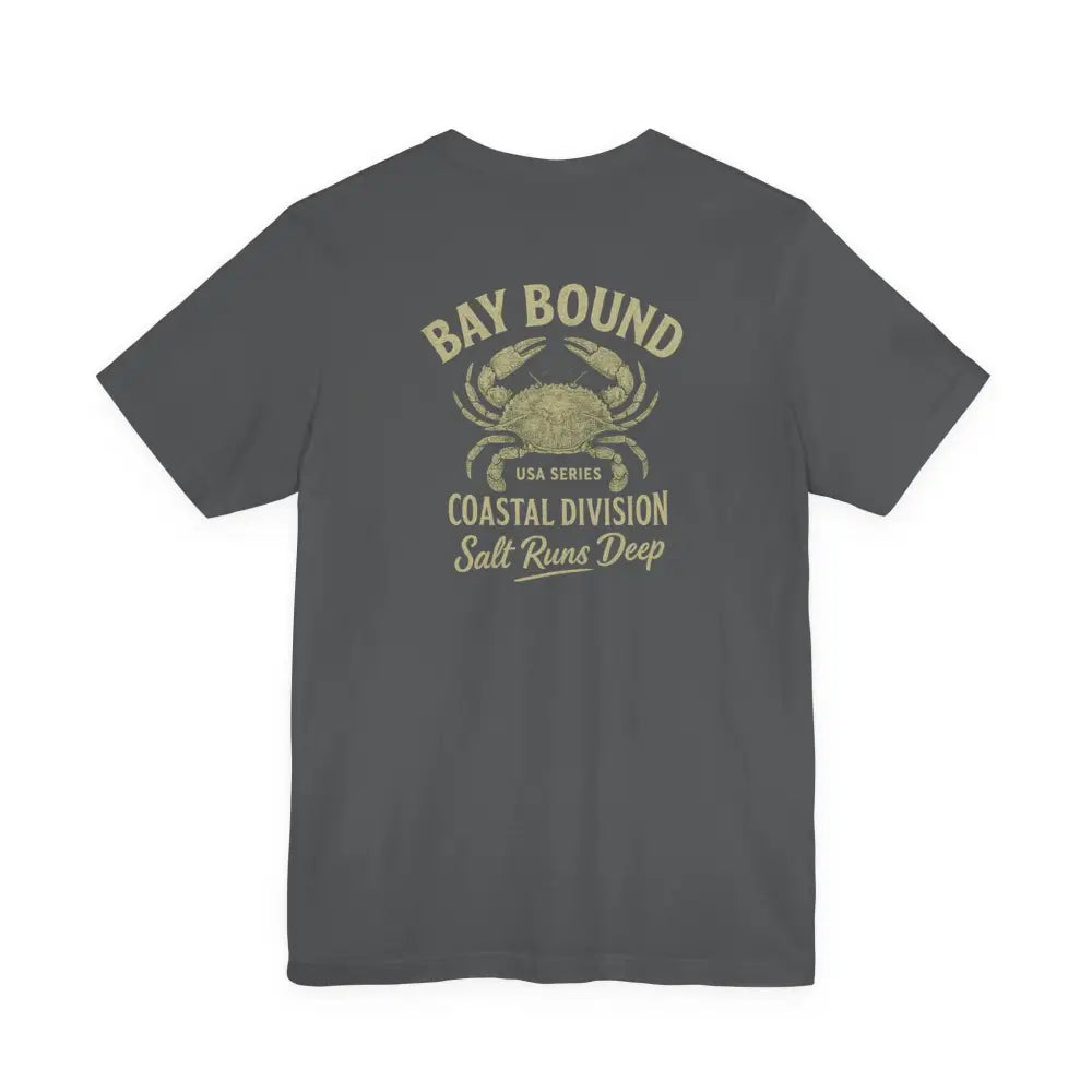 Gray Bay Bound Coastal T-Shirt with Bay Bound crab graphic for nautical style
