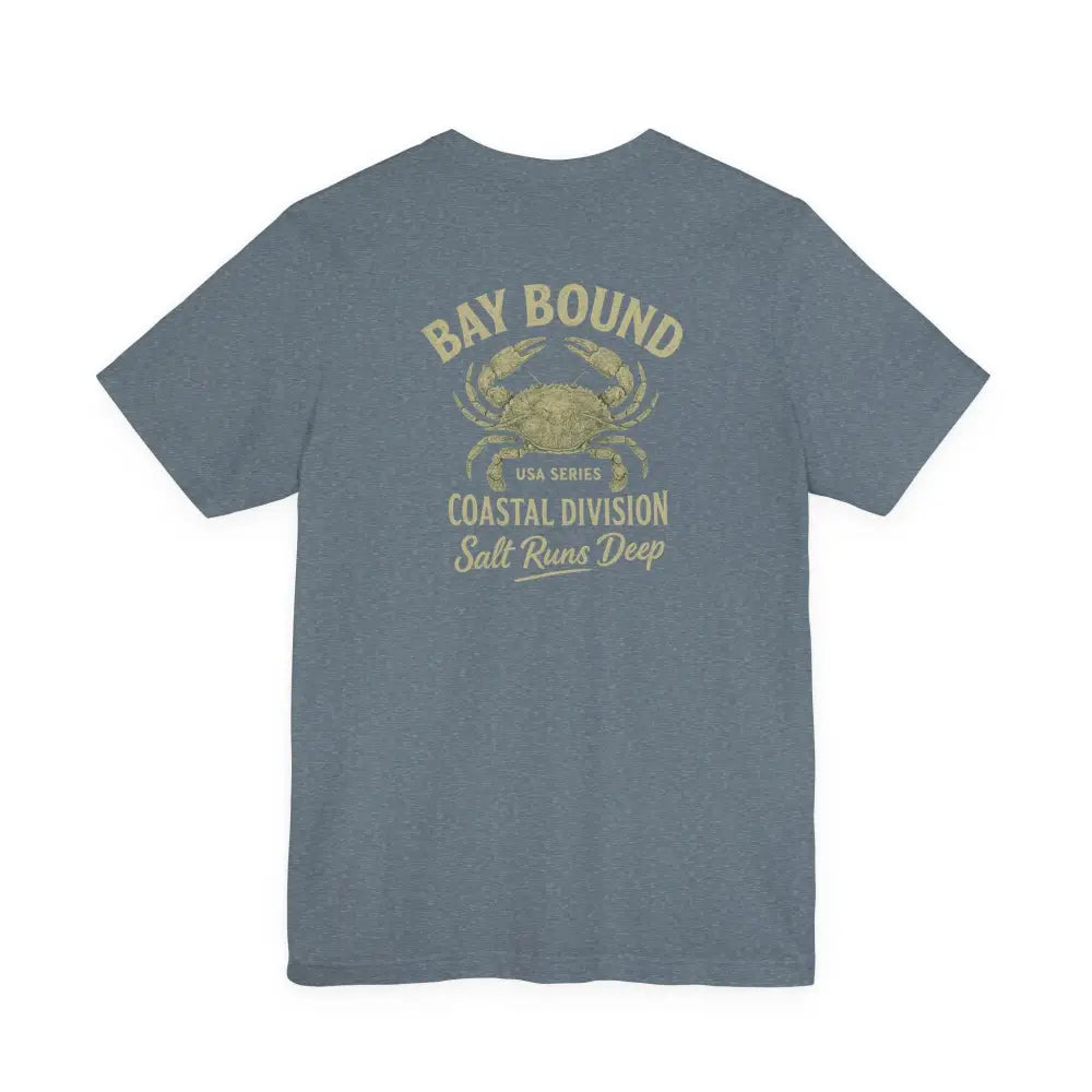 Gray-blue Bay Bound Coastal T-Shirt with crab graphic and Bay Bound text on back