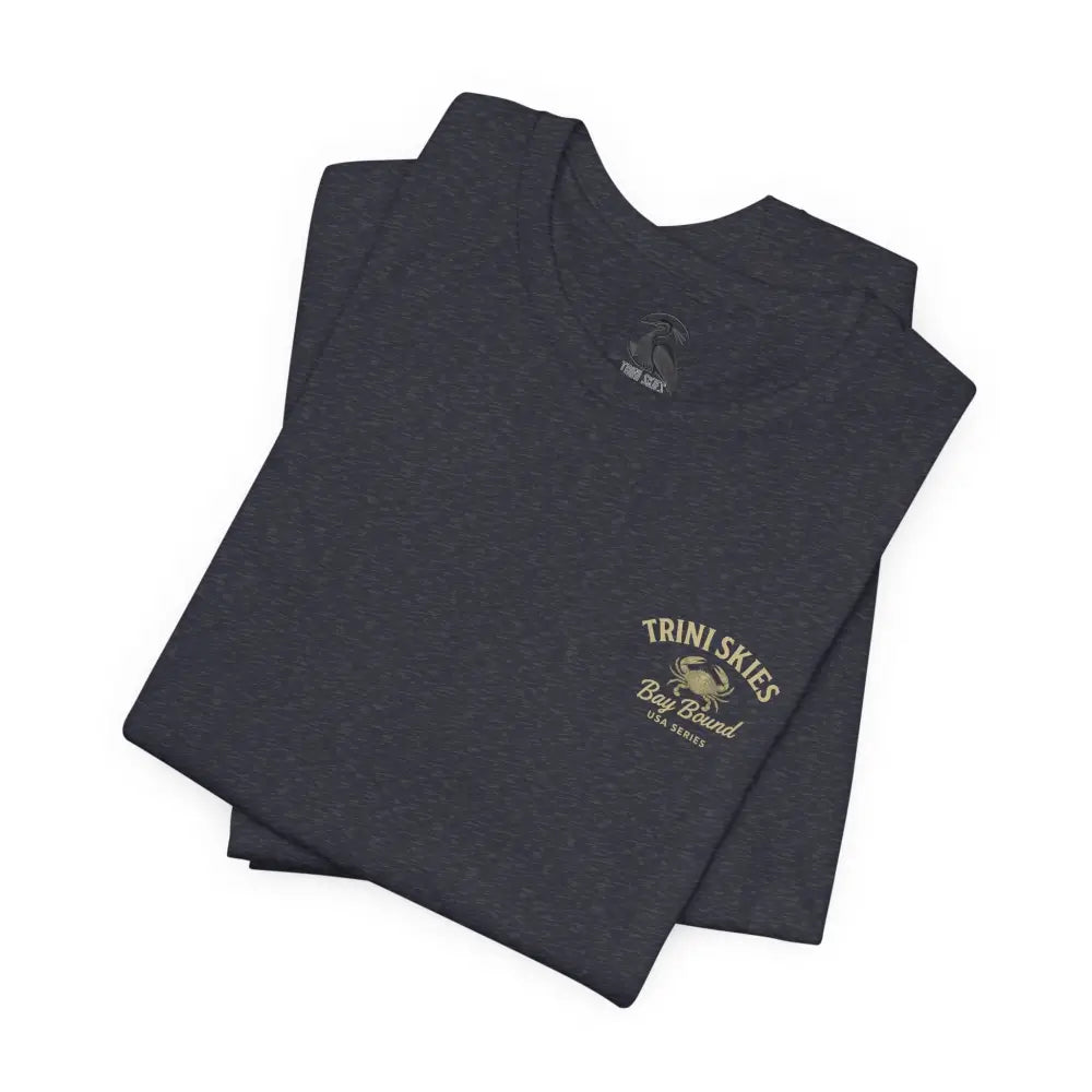 Dark gray short-sleeved T-shirt with crab graphic from Bay Bound Coastal Division Tee