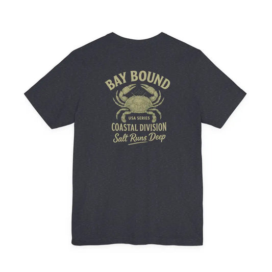 Black short-sleeved bay bound coastal T-shirt with crab graphic and Bay Bound text