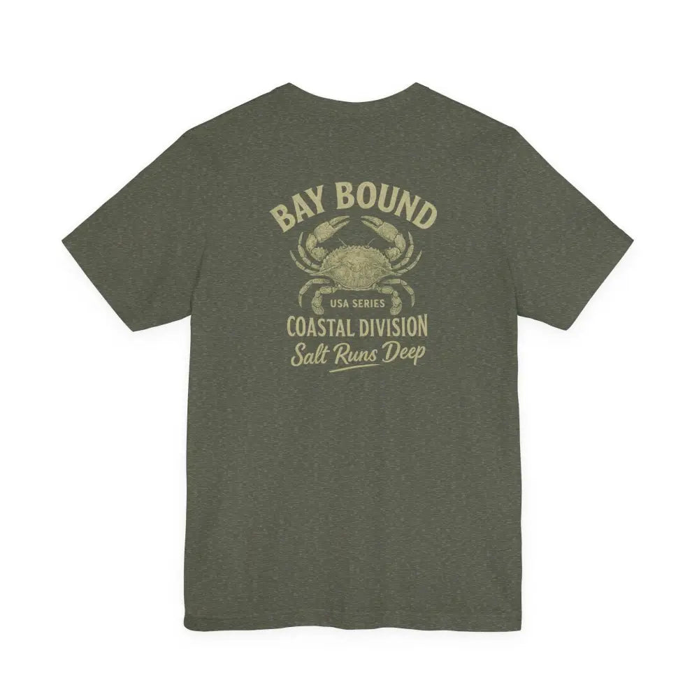 Olive green Bay Bound Coastal T-shirt with Bay Bound crab graphic for nautical style