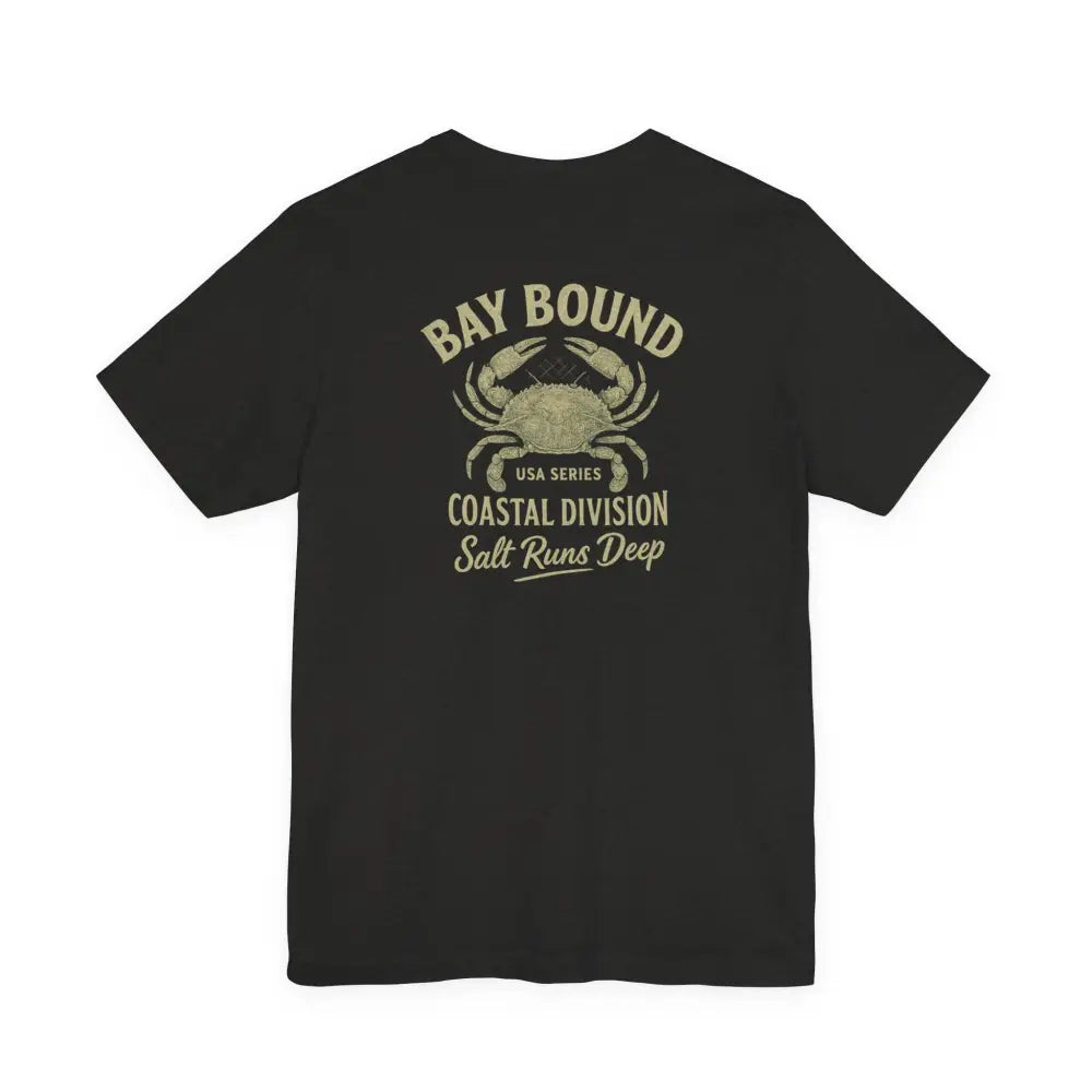 Black short-sleeve T-shirt with crab graphic and Bay Bound text for Bay Bound Coastal style