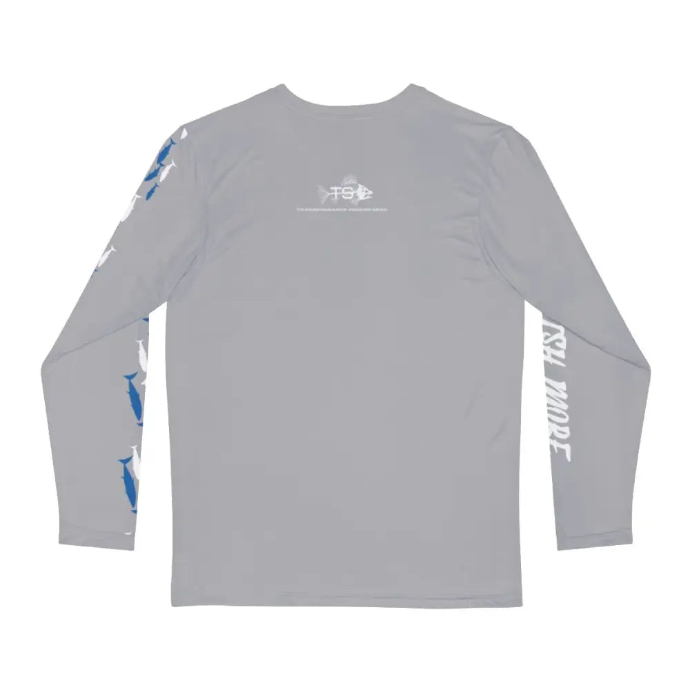Light gray Tuna Fishing Bluefin Classic Performance Long Sleeve Graphic Tee with blue marlin design