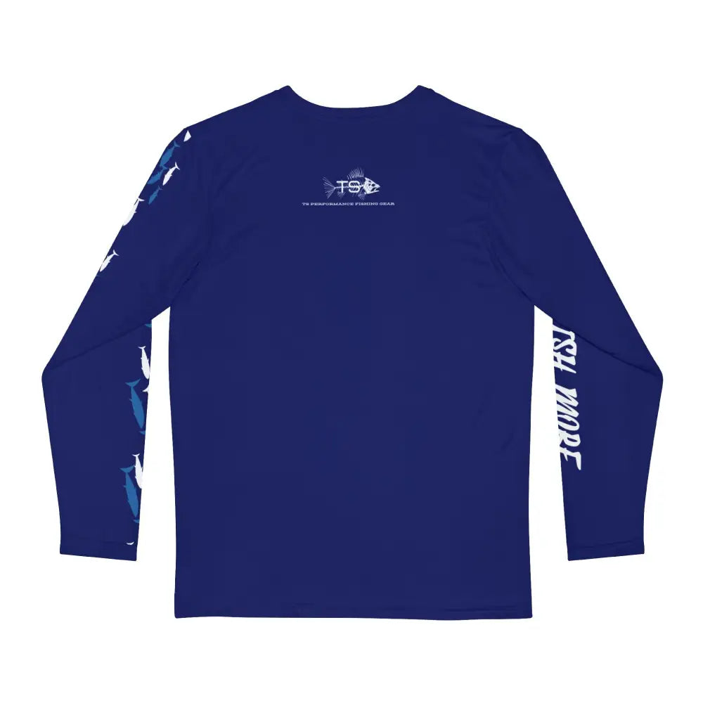 Blue long-sleeve Tuna Fishing Bluefin Classic Performance Shirt with fish graphics for climate control