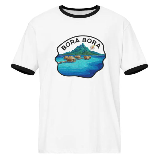 White Bora Bora Resort Ringer Tee with colorful tropical island graphic and black collar
