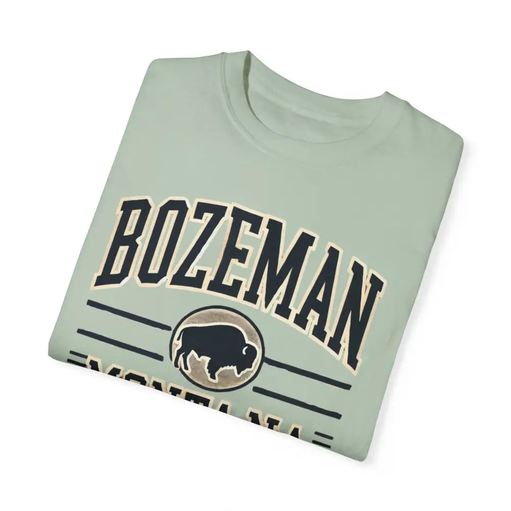 Light green Bozeman Montana graphic adventure inspired tee with bison design for trini skies
