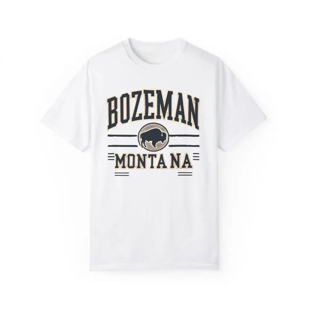 White Bozeman Montana Bison Adventure Inspired Graphic Tee with bison design and trini skies