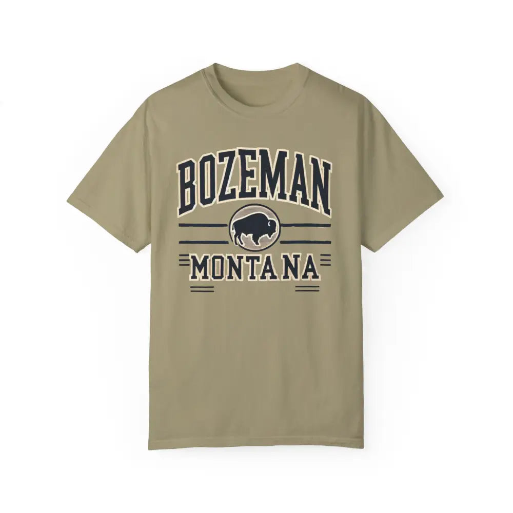 Bozeman Montana graphic adventure inspired tee with buffalo silhouette in tan or olive green