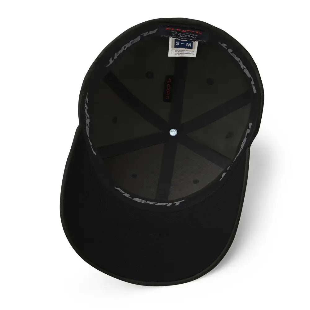 Black embroidered performance cap with Trini Skies design