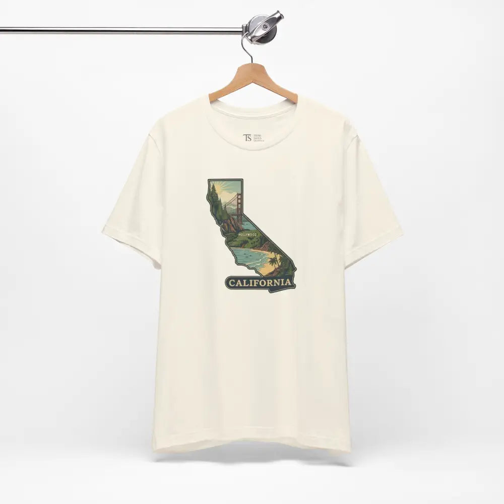 Cream-colored T-shirt with California state graphic featuring the Golden Gate Bridge and coastline
