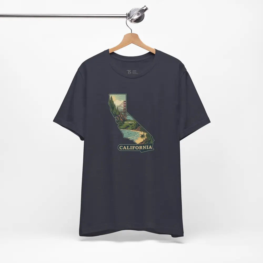 Dark blue California state graphic t-shirt featuring Golden Gate Bridge and coastline design