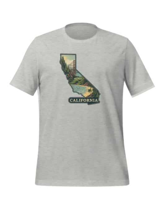 Light gray California state t-shirt with Golden Gate Bridge and coastline graphic