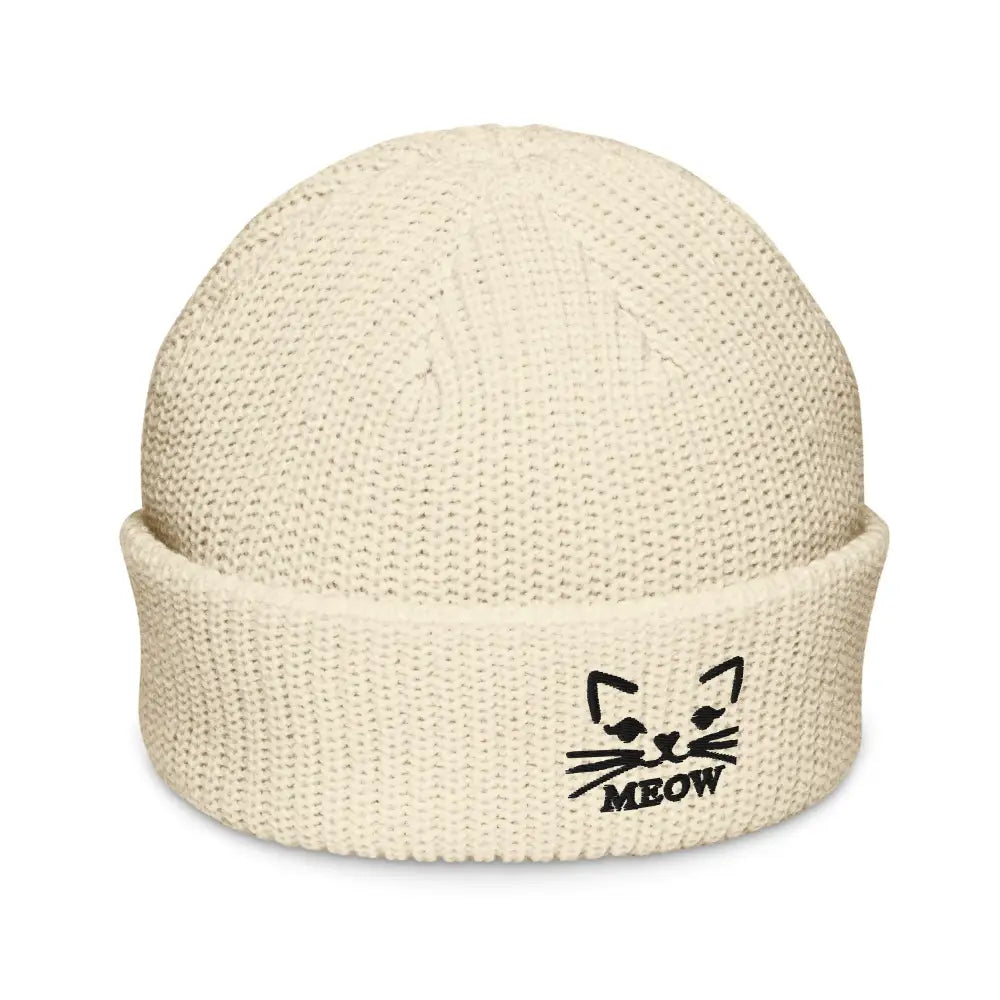 Off-white knit beanie with black embroidered cat face and MEOW on brim, perfect for embroidered cat lovers