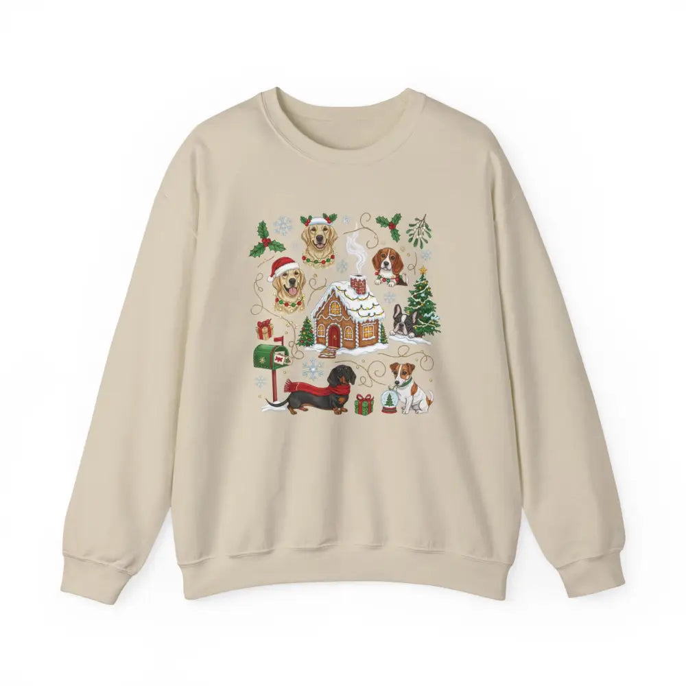 Beige Christmas Dog Sweatshirt with colorful holiday dog and gingerbread house graphic