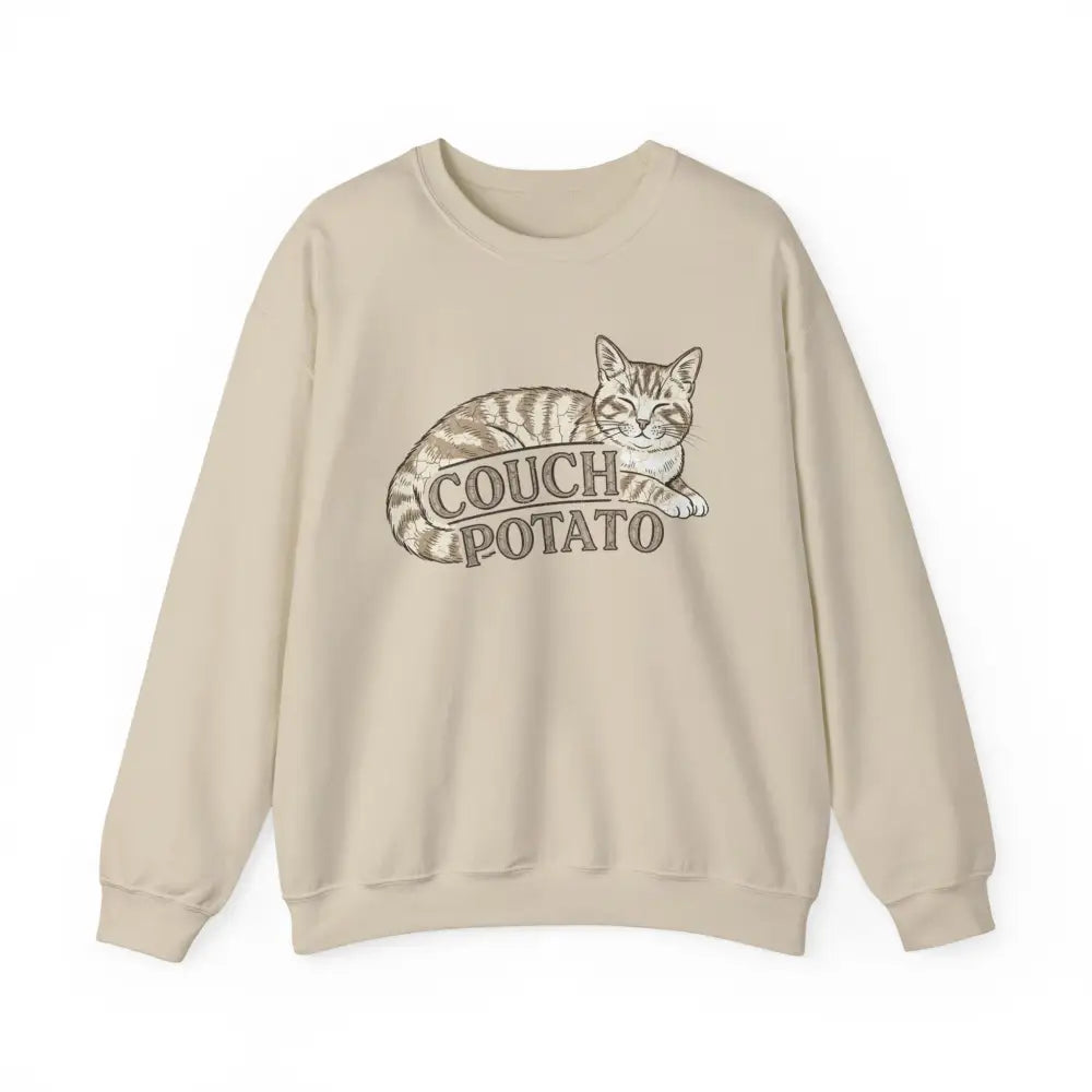 Beige cat sweatshirt with tabby graphic and COUCH POTATO text, perfect for funny lazy cat lovers