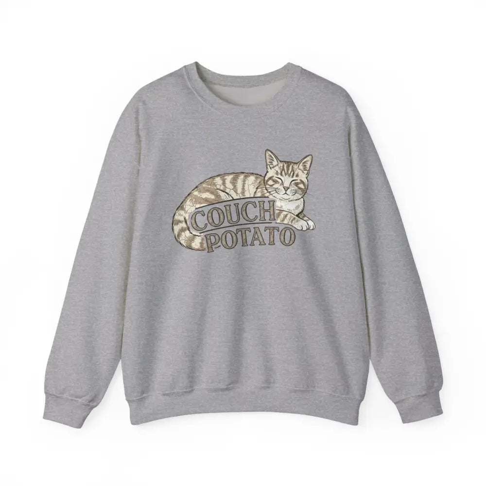 Gray cat sweatshirt with tabby cat graphic and couch potato text, perfect for funny lazy cat lovers