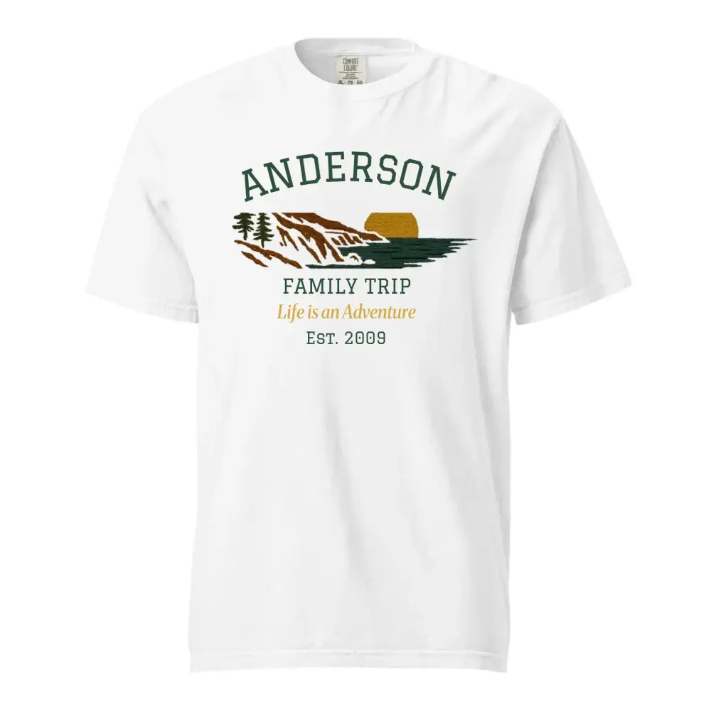 White short-sleeved custom mountain sunset t-shirt with landscape graphic for outdoor adventures