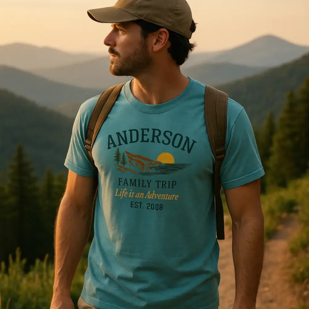 Blue short-sleeved custom mountain sunset t-shirt with graphic design for family trips