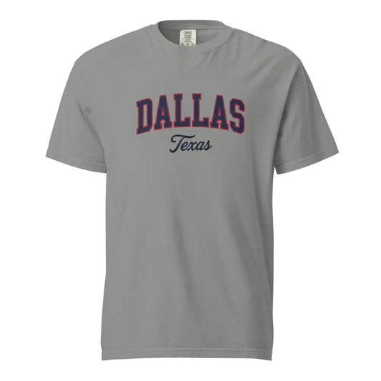 Gray short-sleeve Comfort Colors Dallas Texas vintage varsity arch graphic t-shirt