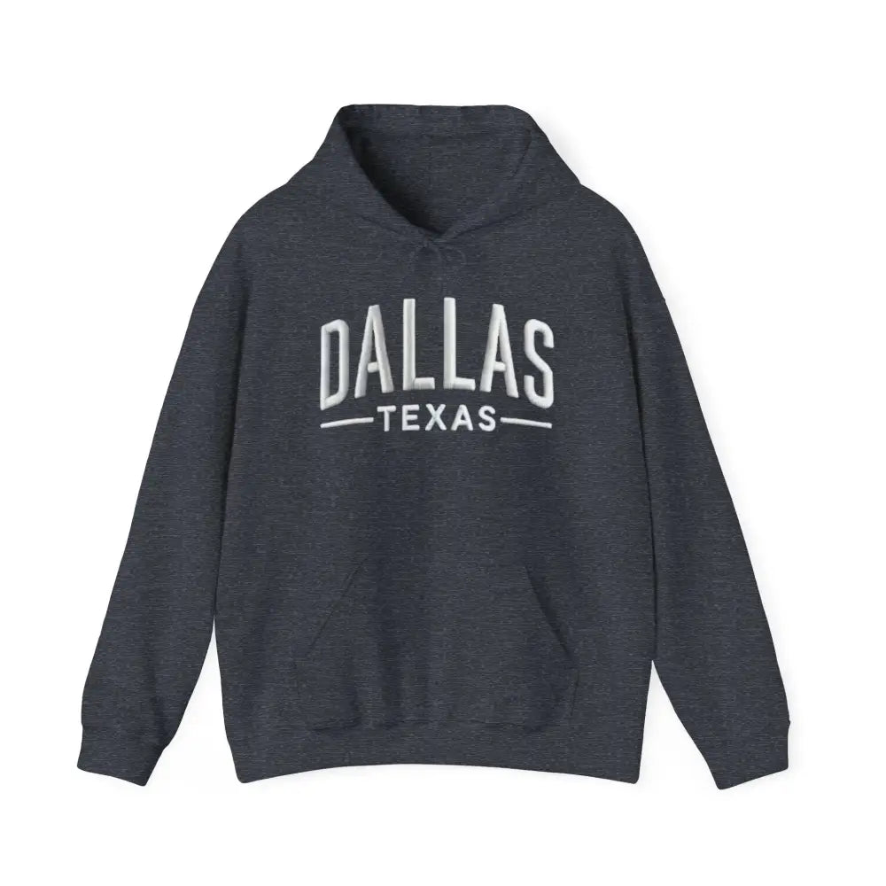 Dark gray Dallas Texas unisex hoodie with white embroidery, perfect for make America great style